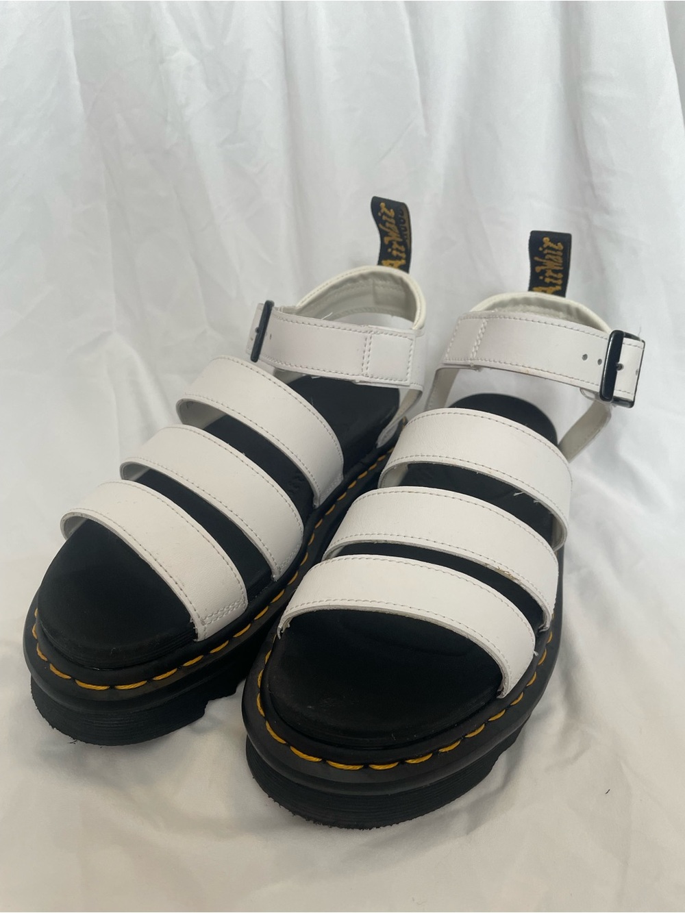Dr. Martens White Blaire Athena Leather Strap Sandals with Black Sole